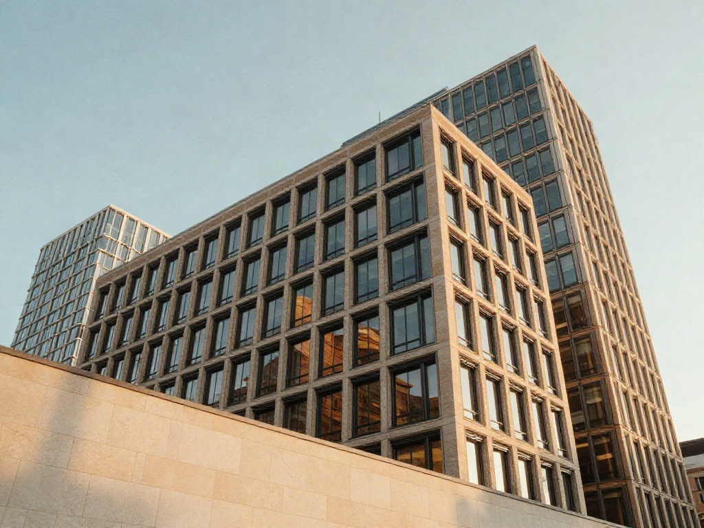 Warm morning light on the geometric façades of contemporary Amsterdam office buildings