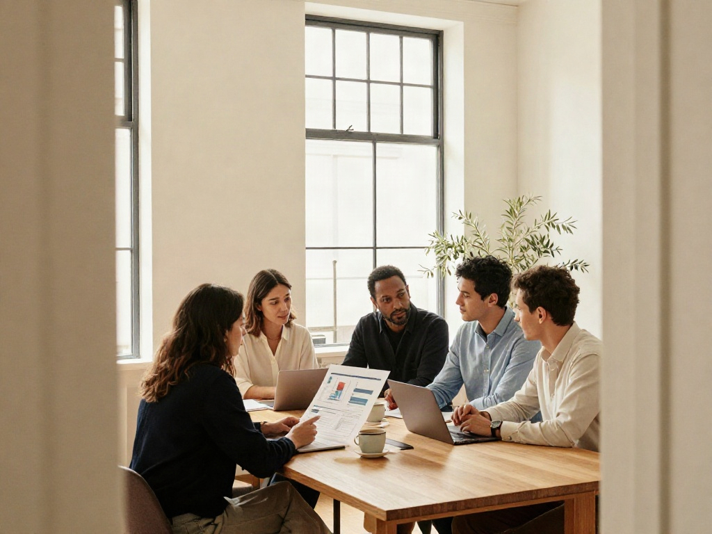 Consultants collaborating around a table to review business data and strategic priorities
